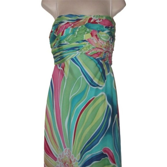 David Meister Multi Colored Print Silk With A Ruched Strapless Top Maxi Dress - Picture 1 of 12